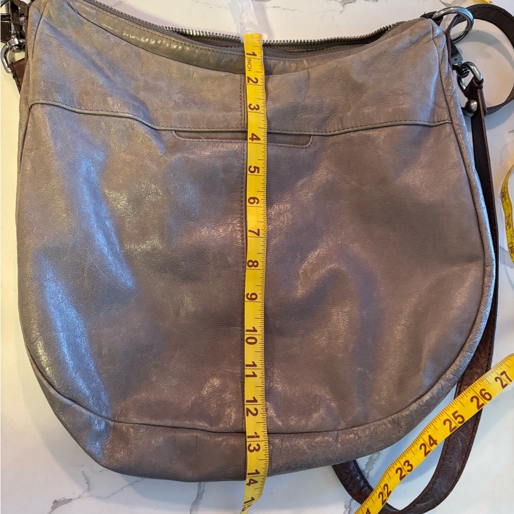 HOBO Gray and Brown Leather Hobo Bag with pattern inside and pockets